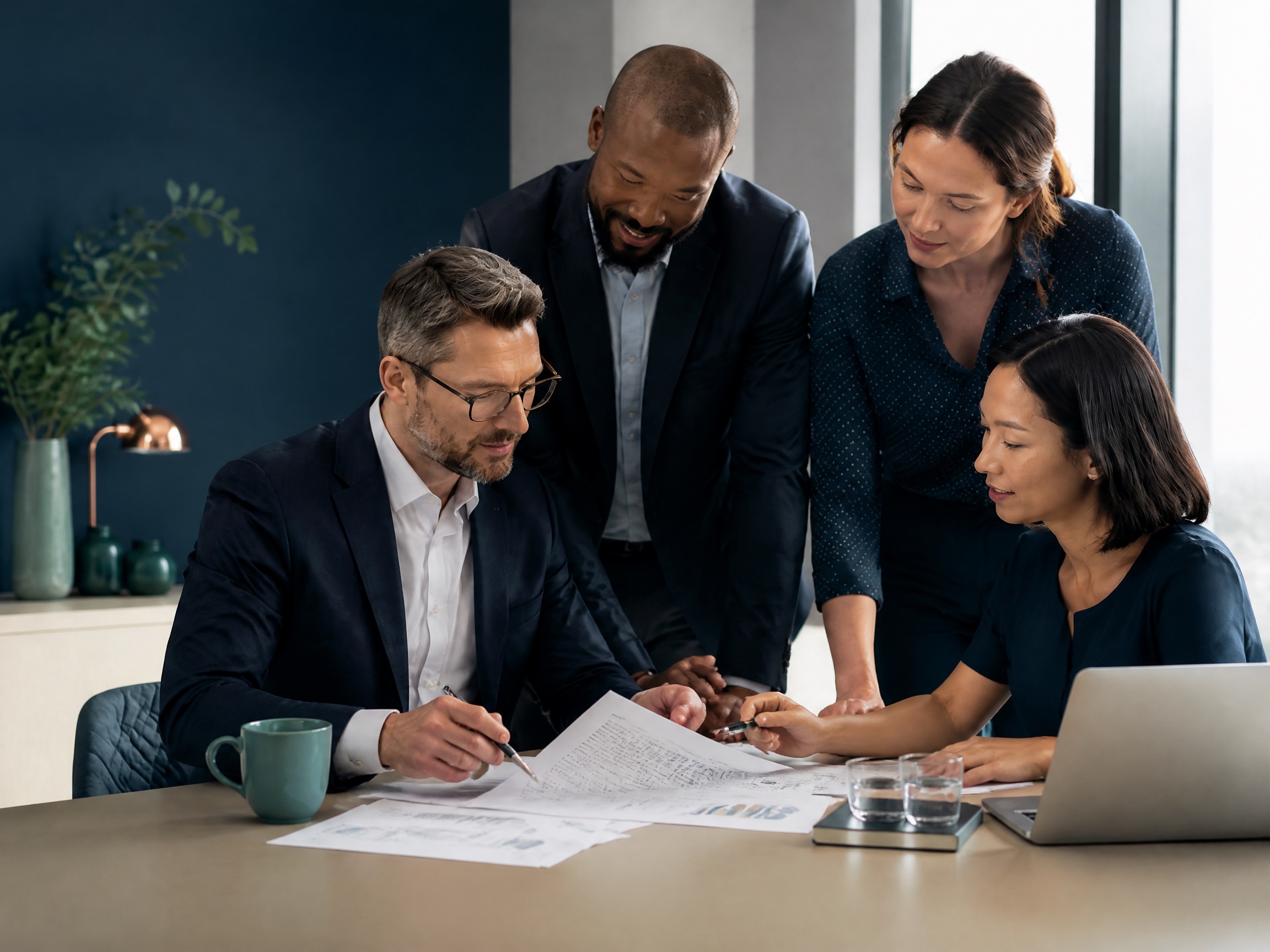 Insurance professionals collaborating over a structured business plan